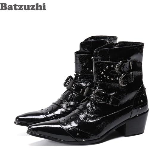 Batzuzhi Western Handsome Men Boots Pointed Toe Black Leather Ankle Boots Buckles 6.5cm Motorcycle Boots Men Party and Business