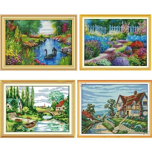 Cross Stitch Kits Stamped Country View 11CT 14CT Printed Crafts Home Decor DMC Thread Embroidery Needlework Set Counted Patterns