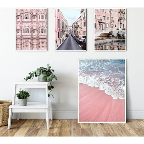 Pink India Building Street Fashion Wall Art Print Ocean Canvas Painting Nordic Posters And Prints Wall Pictures For Living Room