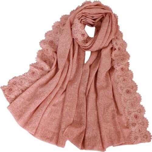 New Floral Edges Plain Scarves Shawl Women Wrap Quality Cotton Soft Islam Muslim Hijabs Turban Islamic Ladys Headscarf 85*180cm