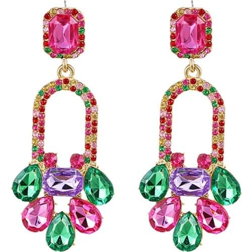 ZHINI New Pink Color Water Drop Crystal Long Earrings Punk Geometric Elliptical Hollow Dangle Earring Wedding Jewelry Gift