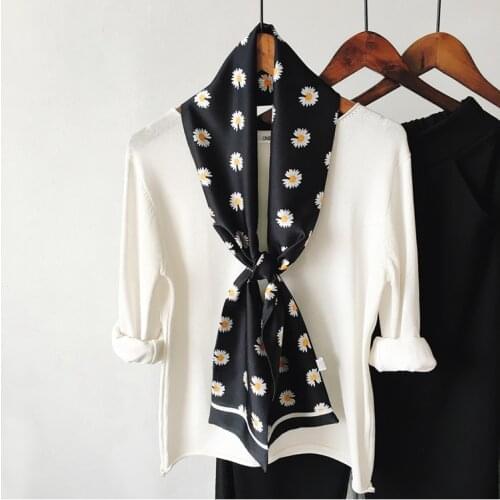 2021 New Designer Narrow Long Imitation Silk Scarf For Women Fashion Chrysanthemum Clean Printed Clothes Decoration Travel Scarf