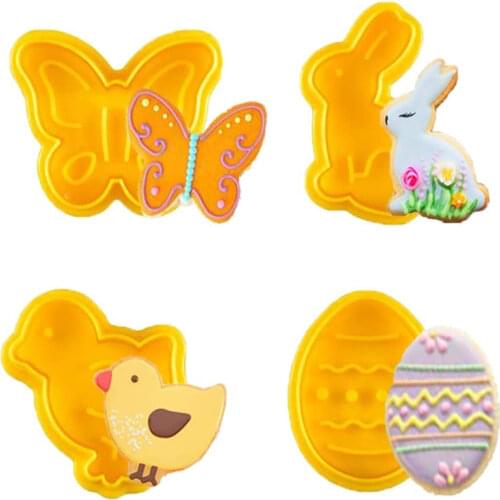 Easter Bunny Pattern Plastic Baking Mold Kitchen Biscuit Cookie Cutter Pastry Plunger 3D Diy Fondant Cake Decorating Tools 4Pcs