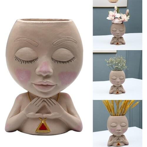 Head Face Planter Resin Peace Girl Flower Pot with Drainage Hole Closed Eyes Art Figure Statue Desktop Organizer ALI88