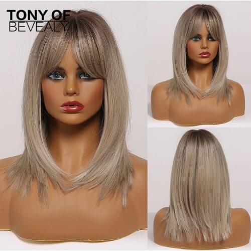 Medium Length Ombre Brown to Blonde Straight Hair Wigs with Bangs Synthetic Wigs for Women Cosplay Heat Resistant Natural Wigs