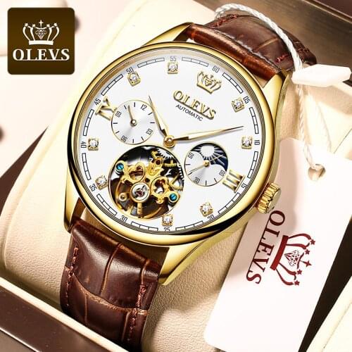 OLEVS Luxury Mens Mechanical Watches Automatic Watch Classic Tourbillon Clock Leather Strap Waterproof Army Military Wristwatch