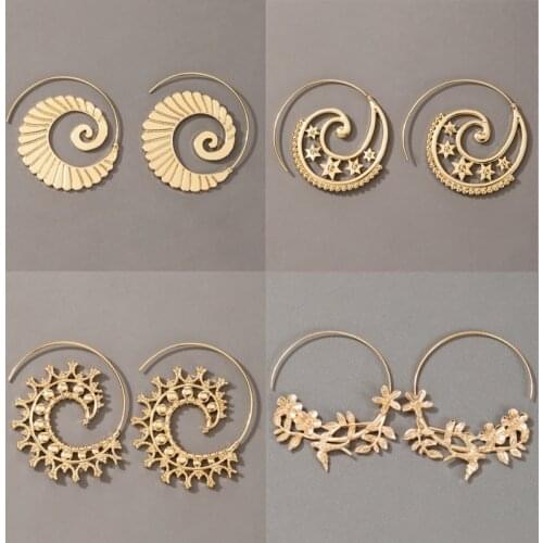 Tocona Vintage Star Spiral Earrings for Women Gold Color Alloy Metal Hollow Geometric Gypsy India Jewelry Gift Accessories