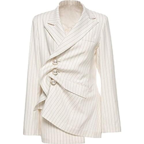 PERHAPS U White Striped Notch Collar Long Sleeve Imitation Pearls Button Pocket Vintage Asymmetrical Blazer C0141