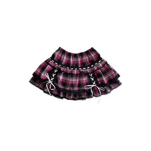 Japanese Harajuku Punk Plaid Cake SKirt Hight Waist Lace-up Pink Black Gothic Two Layers Pleated Ball Gown Mini Skirts