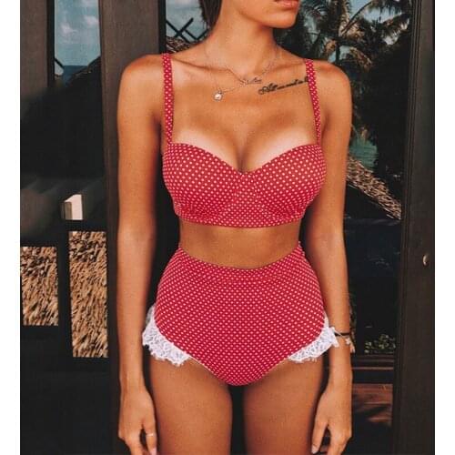 Women Girls High Waisted Bikini Set Swimsuit Padded Push-up Bra Bathing Suit Swimwear Ladies 2021 Summer Polka Dot Beachwear