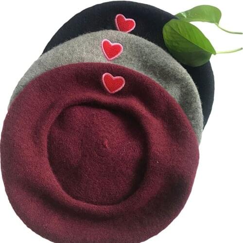 Lovely Heart Beret Hat Women Red Embroidery Headdress for Girls