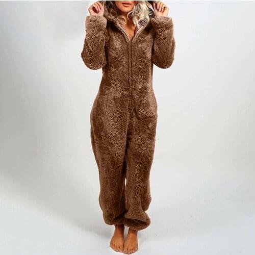 Womens Plush Romper Autumn Winter Flannel Pajamas Long-Sleeve Zipper High Neck Hat Keep Warm Girl’s Clothes Sleepwear Homewear