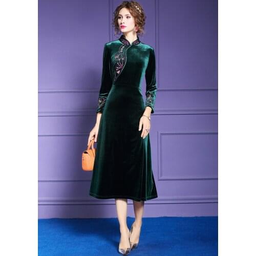 ZUOMAN Women Winter Elegant Embroidery Velvet Dress Female Designer Long Cocktail Party Robe Vintage Chinese Style Vestidos