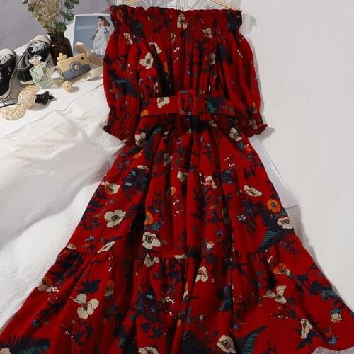Summer Women Puff Sleeve Slash Neck Floral Flower Ruffles Chic Dress With Belt Lady Elastic Slim Waist Pleated Party Midi Dress