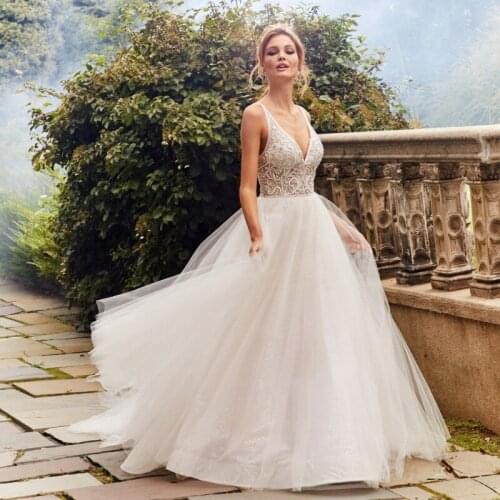 Thinyfull Elegant V Neck A Line Wedding Dresses Spaghetti Straps Backless Bride Dresses Tulle Lace Appliques Vestido De Novia