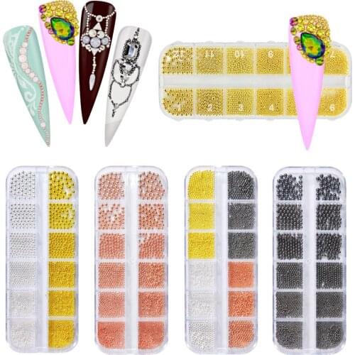1Box Mix Size Steel Beads Nail Art Decoration 12Grids Silver/Black/Rose Gold/Gray Strass Caviar Metal Studs Manicure Charms OP#5