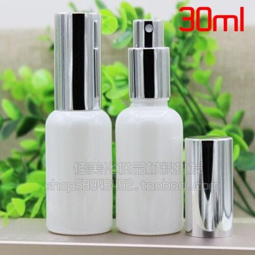 50pcs 30ml white glass empty bottle essential oil bottle aluminum cap gold silver pressed pump hyaluronic acid container