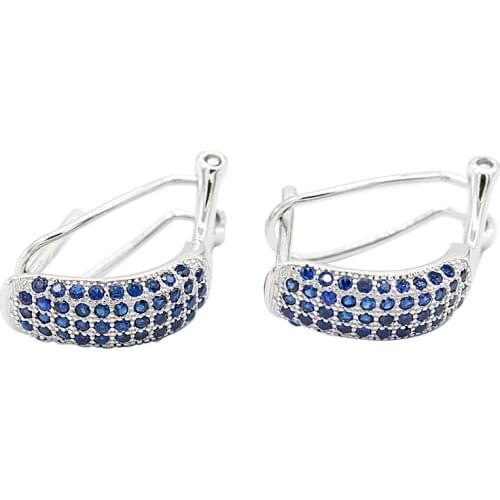 925 Sterling Silver Hoop Earrings Geometric Shape with Royal Blue Zircon Stones Ear Jewelry for Women Wedding Engagement Gift