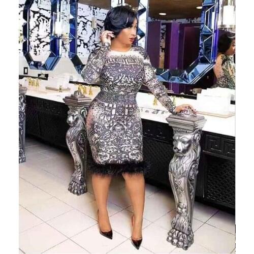 Sparkly AB stones Feather Dress Stretch Sexy Nightclub Bar Dance Wear Evening Celebrate Dress Costume Prom Birthday Dresses