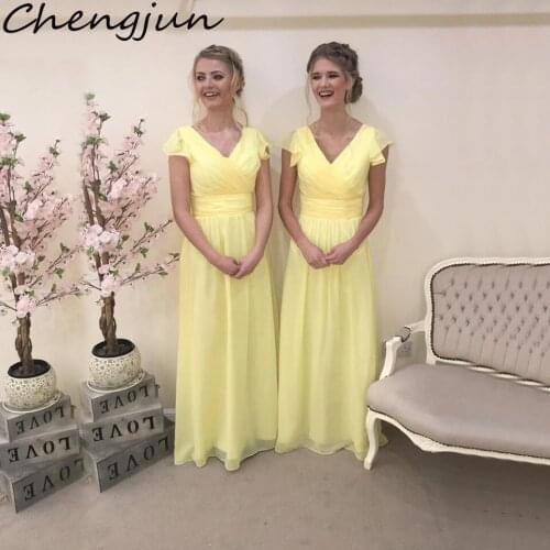 Chengjun Ruched Waist Cap Sleeve V-Neck A-Line Long Chiffon Yellow Bridesmaid Dresses