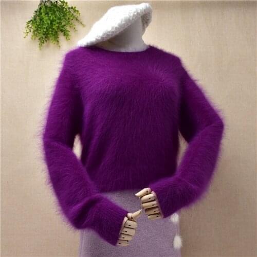 Elegant casual female woman short style crop top hairy mink cashmere long sleeve loose pullover angora fur winter jumper sweater