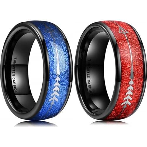 FDLK Luxury Jewelry Mens Ring Blue / Red Meteorite Pattern 8mm Stainless Steel Ring Inlay Silver Color Arrow Rings for Men