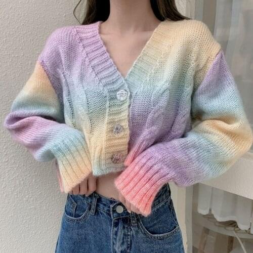 Spring Kawaii Sweet Rainbow Sweater Coat for Women Korean Autumn 2021 Casual Short Cropped Knitted Cardigan V-Neck Fashion Tops