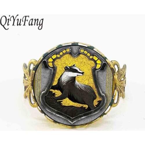 New Trendy Hogwarts Hufflepuff House Crest Rowena Ravenclaw Ring Hp Jewelry Gifts Glass Cabochon Rings adjustable steel bronze