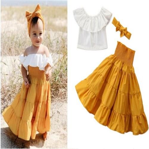 2020 Summer new Children Clothing Suit Girls White Top+ Hight Waist Dress+Headband fashion 3pcs Set 1-6Year E21024