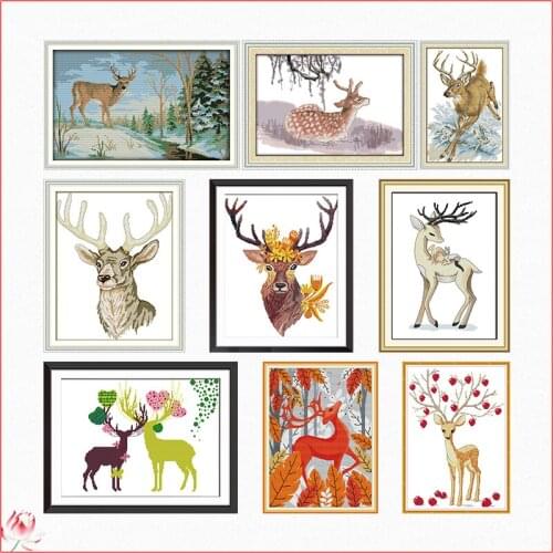 Joy Sunday Animal Pattern Deer Cross Stitch Kit 14ct 11ct Printed Fabric Embroidery Kit DIY Handmade Needlework Home Decoration