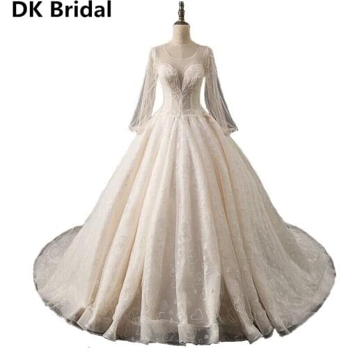 Champagne/White Full Sleeve 2019 New Wedding Dresses Illusion Lace Embroidery Open Back Ball Gowns Bride Dress vestido de noiva