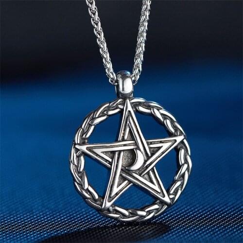 Wholesale Items Decoration On The Neck Round Shape Star With Moon Mens Chain Necklaces Stainless Steel Rock Punk Retro Pendant