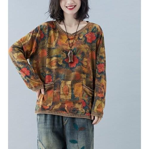 Autumn Winter Women Blouse V-neck Long Sleeve Pockets Pullovers Printed Loose Casual National Style Female Tops