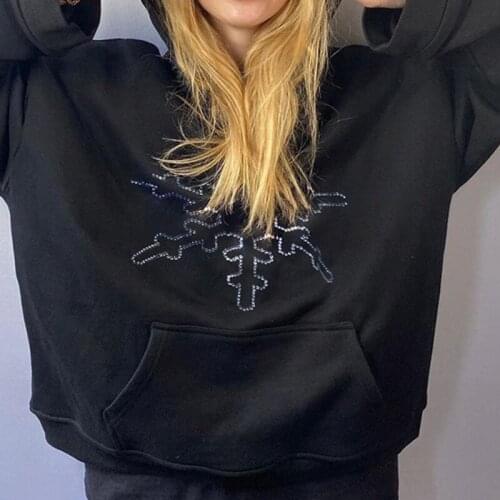 Autumn Vogue Black Women Hoodie Hooded Snow Print Pullovers Loose Long Sleeves Hoodies New Gothic Punk Solid Swearshirt