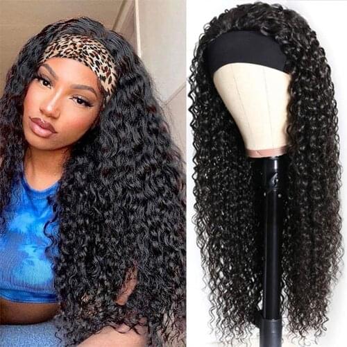 Headband Wig Deep Wave Human Hair for Black Women Brazilian Hair Deep Curly Human Hair Headband Wigs Glueless Scarf Wig Remy