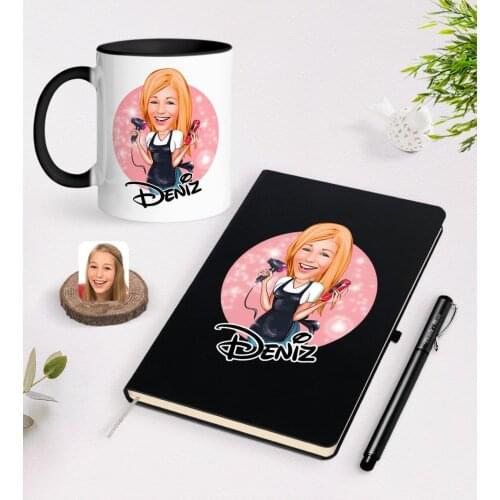 Personalized Women 'S Hairdressing Caricature Of Black Notebook pen And Mug Seti-3