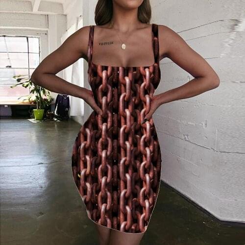 Giyu Brand Iron Chain Dresses Women Brown Sundress Metal 3d Print Punk Rock Bodycon Dress Womens Clothing Plus Size Beach Beach