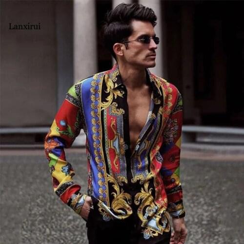 Mens Shirt summer Mens Baggy vintage Print Long Sleeve Button turn-down Collar Shirts male Tops clothing Blouse