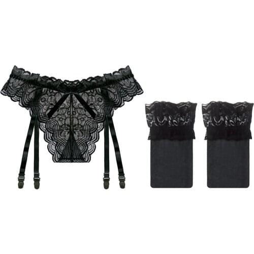 Linbaiway Sexy Women Stockings+Suspender Garter Set Lace Garter for Women Stocking Transparent Garter Belt Lingerie G String