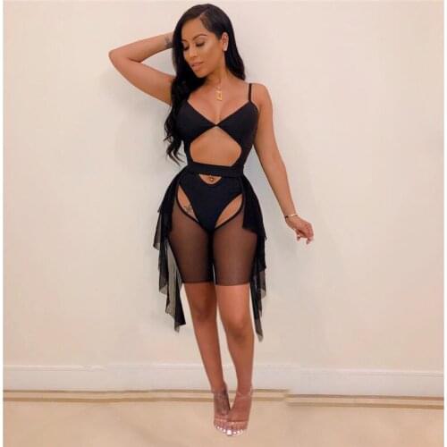 Sexy Women Swimwear Mesh Sheer 2pcs Bikini Set Spaghetti Strap Bodycon Bodysuit Hollow Out Ruffles Shorts Beachwear