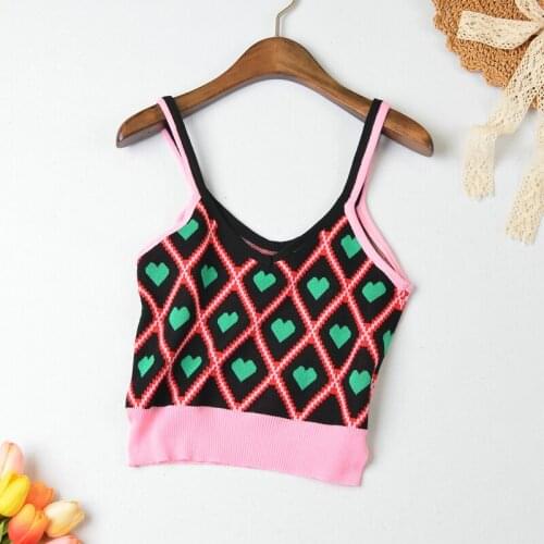 Green Heart Plaid Summer Camis Tops Women Sleeveless V-Neck Korean Cropped Tops Stretchy Sexy Streetwear Vintage Harajuku