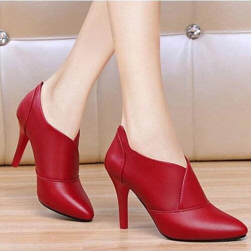 2020 New hot sale spring Women single boots High Heels Dress Shoes Pointed Toe Boots Black Red Woman ankle boots shoe woman
