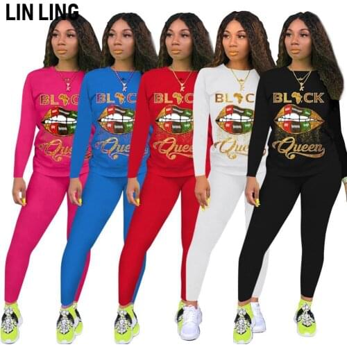 2021 Female Lips Printed Long Sleeve Pants Casual Suit Cross Border Popular Round Neck Two Piece Set