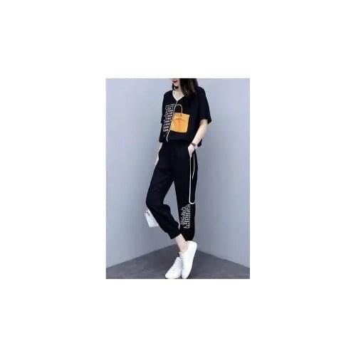 Large size womens 100.00kg casual sports suit Korean version of loose meat cover slim fashion two-piece summer
