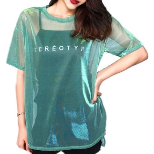 2 Piece Korean Harajuku Mesh Top Women Mesh Tshirt + Black Camis Chic T shirts Sexy Glitter See Through Fashion Streetwear XXL
