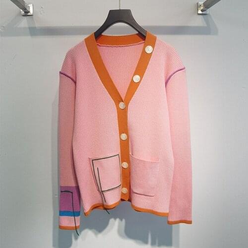V-Neck Fashion Chic Embroidery Pink Pocket Knit Cardigan Jacket Women 2021 Spring Summer Luxury Design Sweater Vestidos