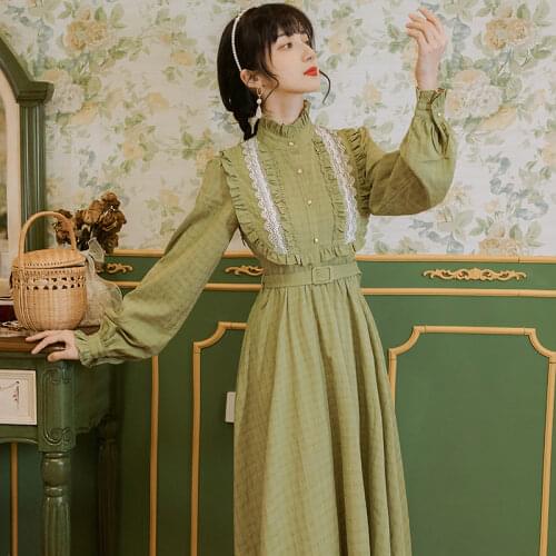 Forest Mori Girl Retro Bean Green Pleated Lace Slim Waist Long Sleeve Maxi Dresses for Women Vestidos Largos Verano Para Mujer
