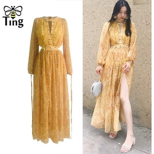Tingfly Retro Spring Summer Sexy Hole Cut Out Rivet Dress Vintage Long Slip Party Dresses Chiffon Street Boho Casual Dress
