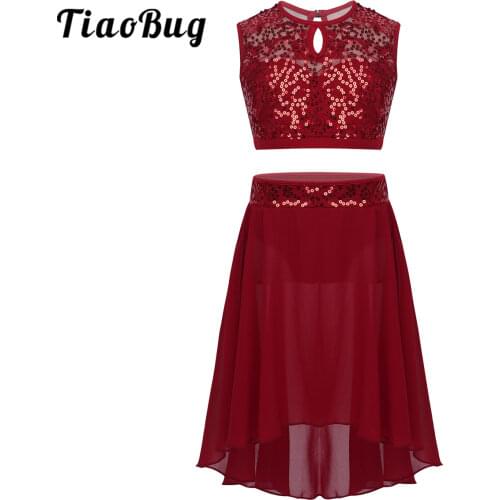 Kids Girls Ballet Dress Shiny Sequins Crop Top Chiffon Skirt Sets Gymnastics Leotard Lyrical Contemporary Dance Costumes