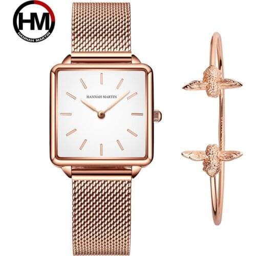 Hannah Martin Bracelets Watches Rose Gold Japanese Movement Women Watches Simple Square Casual Leather Mesh Band Wristwatches